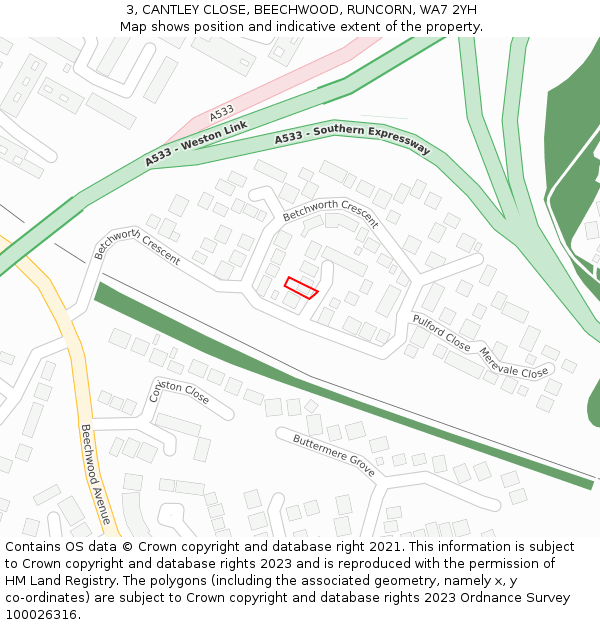 3, CANTLEY CLOSE, BEECHWOOD, RUNCORN, WA7 2YH: Location map and indicative extent of plot