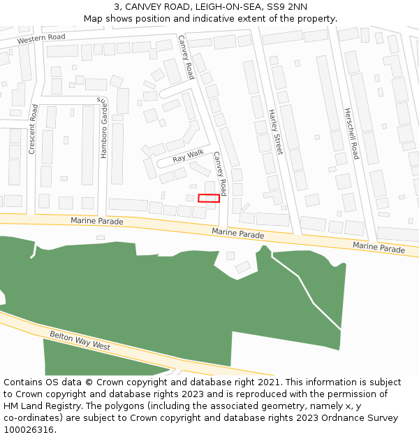 3, CANVEY ROAD, LEIGH-ON-SEA, SS9 2NN: Location map and indicative extent of plot