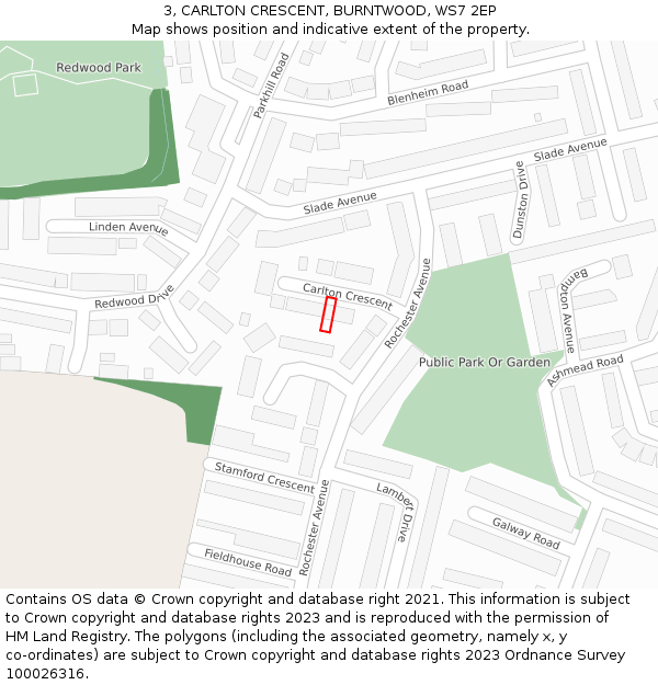 3, CARLTON CRESCENT, BURNTWOOD, WS7 2EP: Location map and indicative extent of plot