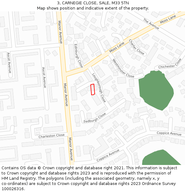 3, CARNEGIE CLOSE, SALE, M33 5TN: Location map and indicative extent of plot