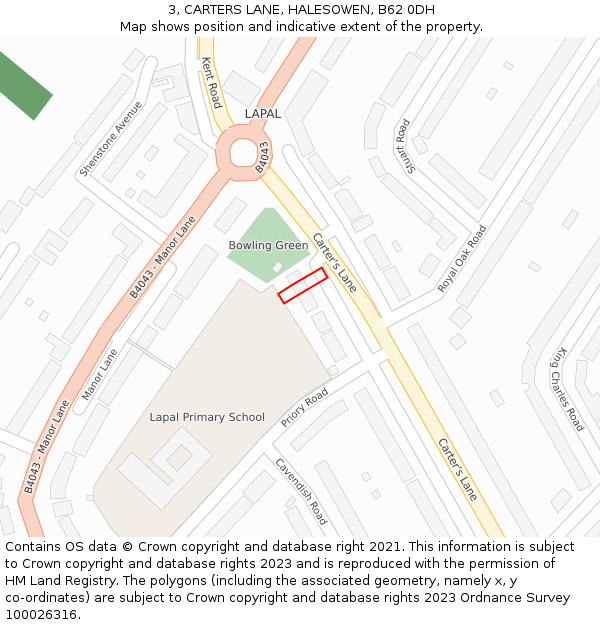 3, CARTERS LANE, HALESOWEN, B62 0DH: Location map and indicative extent of plot