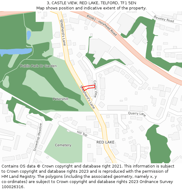 3, CASTLE VIEW, RED LAKE, TELFORD, TF1 5EN: Location map and indicative extent of plot