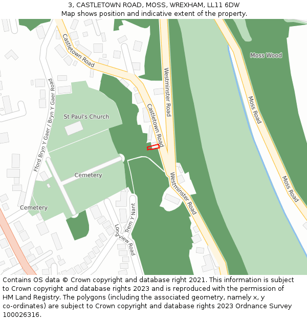 3, CASTLETOWN ROAD, MOSS, WREXHAM, LL11 6DW: Location map and indicative extent of plot