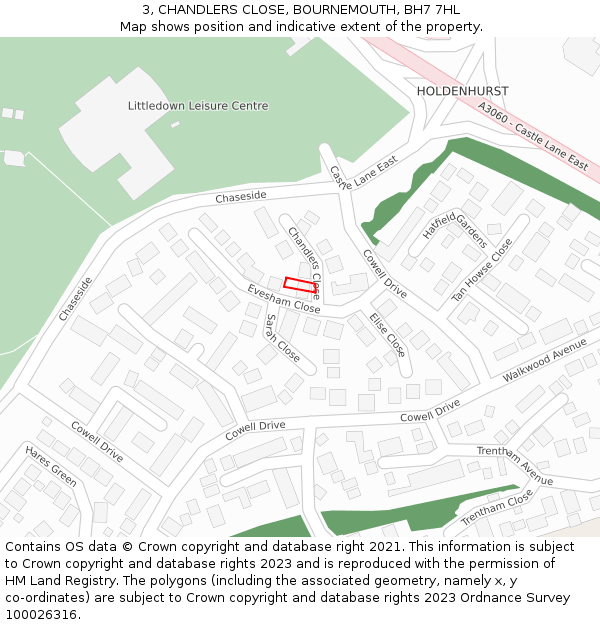 3, CHANDLERS CLOSE, BOURNEMOUTH, BH7 7HL: Location map and indicative extent of plot