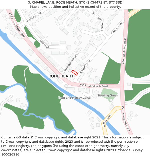 3, CHAPEL LANE, RODE HEATH, STOKE-ON-TRENT, ST7 3SD: Location map and indicative extent of plot