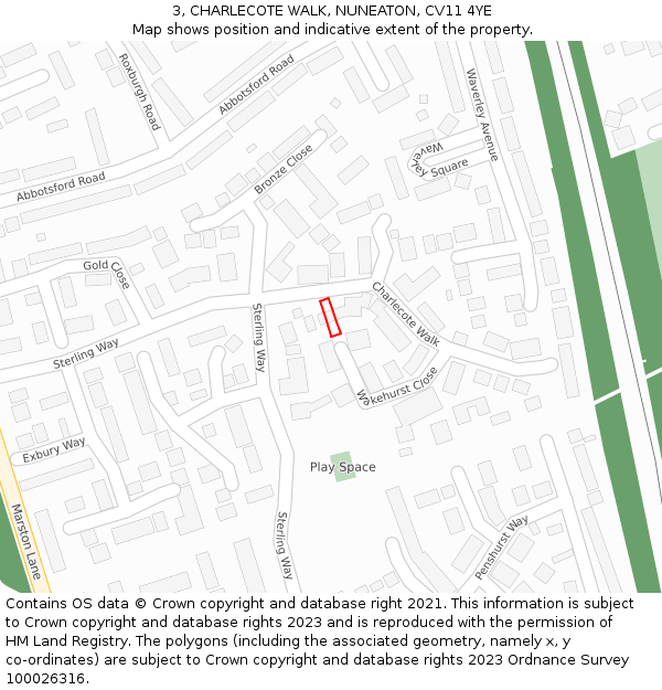 3, CHARLECOTE WALK, NUNEATON, CV11 4YE: Location map and indicative extent of plot
