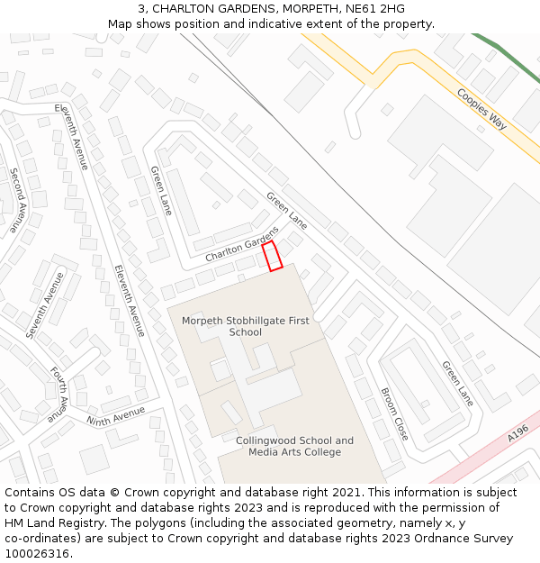 3, CHARLTON GARDENS, MORPETH, NE61 2HG: Location map and indicative extent of plot