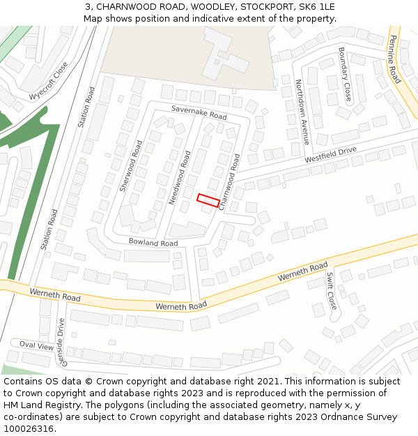 3, CHARNWOOD ROAD, WOODLEY, STOCKPORT, SK6 1LE: Location map and indicative extent of plot