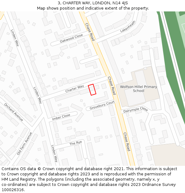3, CHARTER WAY, LONDON, N14 4JS: Location map and indicative extent of plot