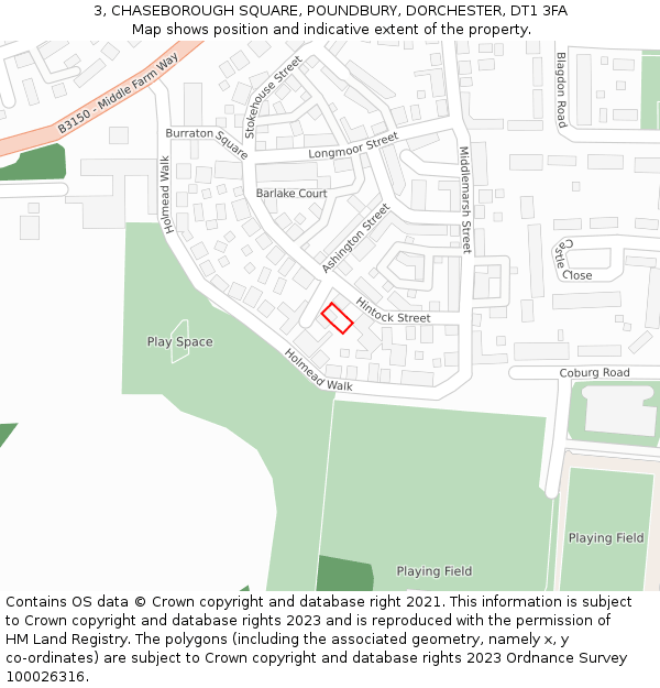 3, CHASEBOROUGH SQUARE, POUNDBURY, DORCHESTER, DT1 3FA: Location map and indicative extent of plot