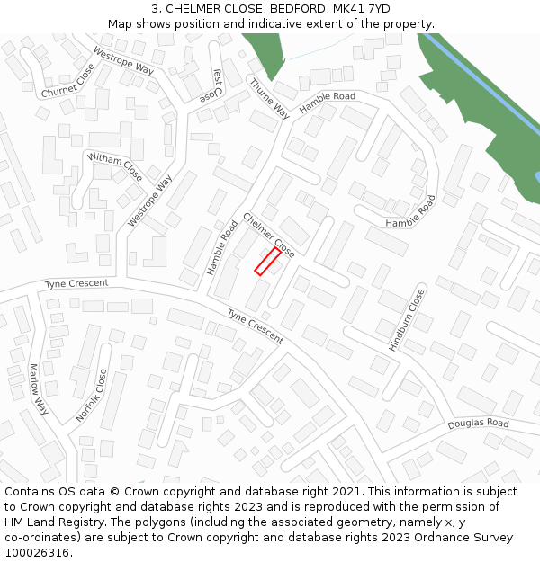 3, CHELMER CLOSE, BEDFORD, MK41 7YD: Location map and indicative extent of plot