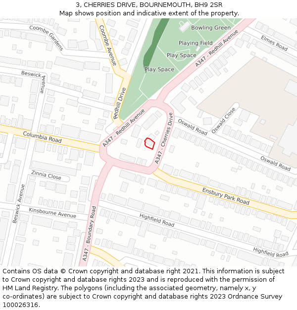 3, CHERRIES DRIVE, BOURNEMOUTH, BH9 2SR: Location map and indicative extent of plot