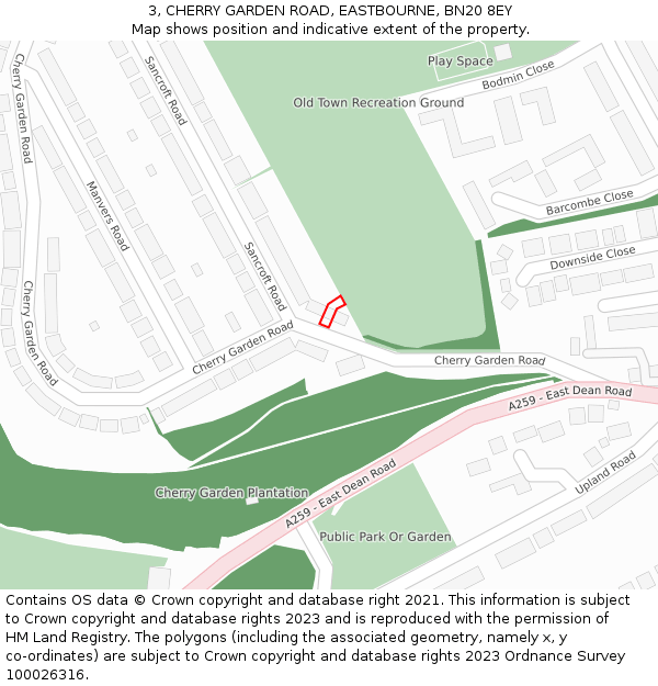 3, CHERRY GARDEN ROAD, EASTBOURNE, BN20 8EY: Location map and indicative extent of plot