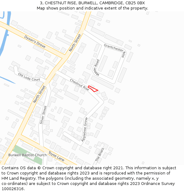 3, CHESTNUT RISE, BURWELL, CAMBRIDGE, CB25 0BX: Location map and indicative extent of plot