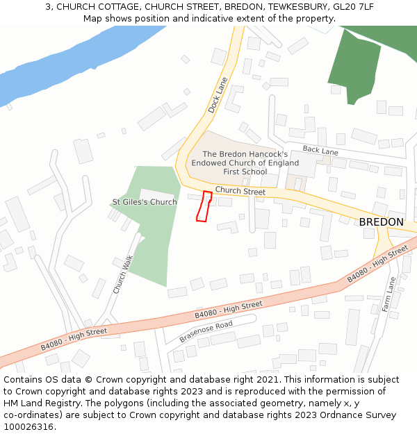 3, CHURCH COTTAGE, CHURCH STREET, BREDON, TEWKESBURY, GL20 7LF: Location map and indicative extent of plot