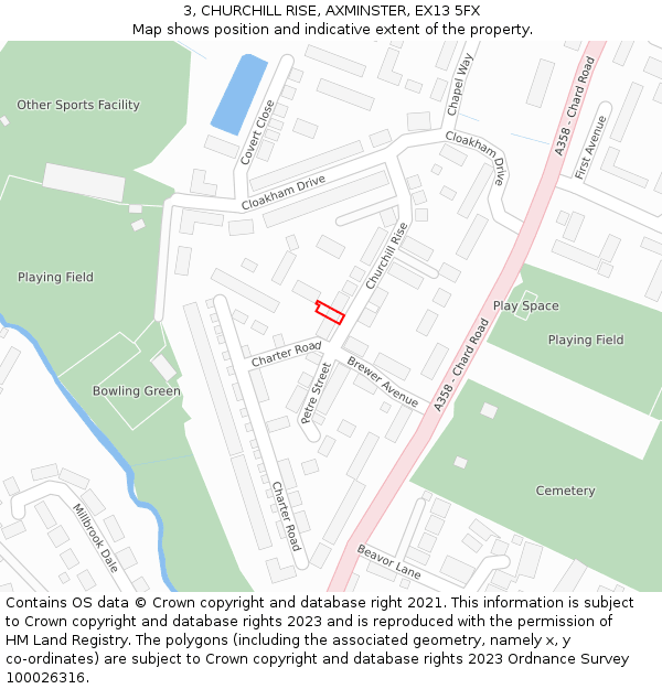 3, CHURCHILL RISE, AXMINSTER, EX13 5FX: Location map and indicative extent of plot