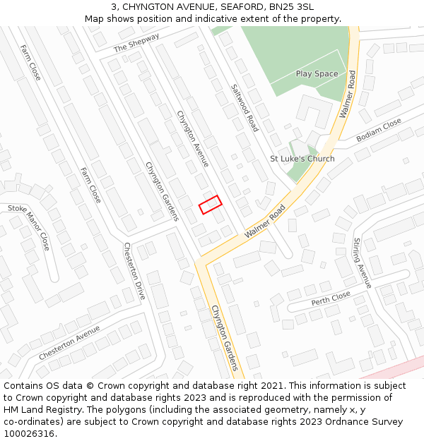 3, CHYNGTON AVENUE, SEAFORD, BN25 3SL: Location map and indicative extent of plot