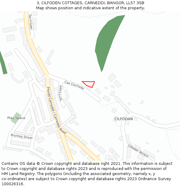 3, CILFODEN COTTAGES, CARNEDDI, BANGOR, LL57 3SB: Location map and indicative extent of plot