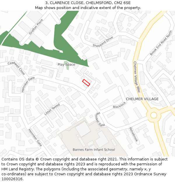 3, CLARENCE CLOSE, CHELMSFORD, CM2 6SE: Location map and indicative extent of plot