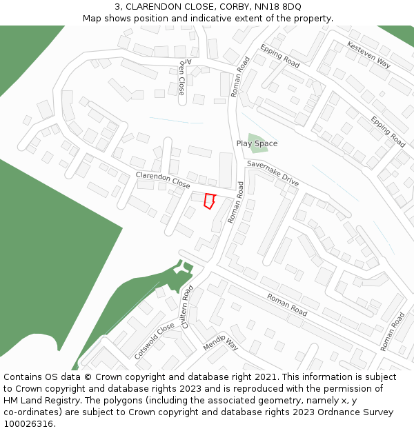 3, CLARENDON CLOSE, CORBY, NN18 8DQ: Location map and indicative extent of plot