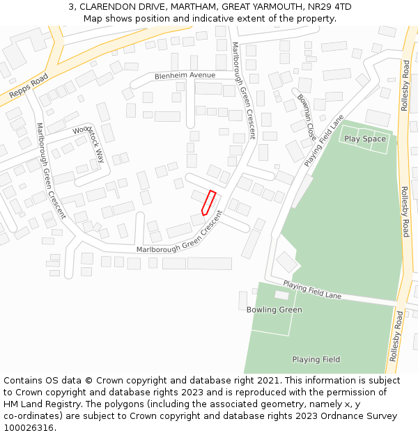 3, CLARENDON DRIVE, MARTHAM, GREAT YARMOUTH, NR29 4TD: Location map and indicative extent of plot