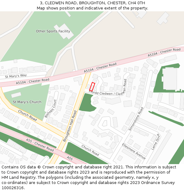 3, CLEDWEN ROAD, BROUGHTON, CHESTER, CH4 0TH: Location map and indicative extent of plot