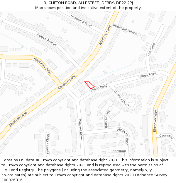 3, CLIFTON ROAD, ALLESTREE, DERBY, DE22 2PJ: Location map and indicative extent of plot