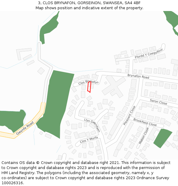 3, CLOS BRYNAFON, GORSEINON, SWANSEA, SA4 4BF: Location map and indicative extent of plot