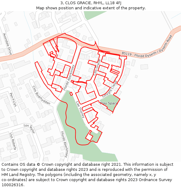 3, CLOS GRACIE, RHYL, LL18 4FJ: Location map and indicative extent of plot