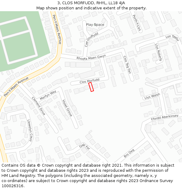 3, CLOS MORFUDD, RHYL, LL18 4JA: Location map and indicative extent of plot