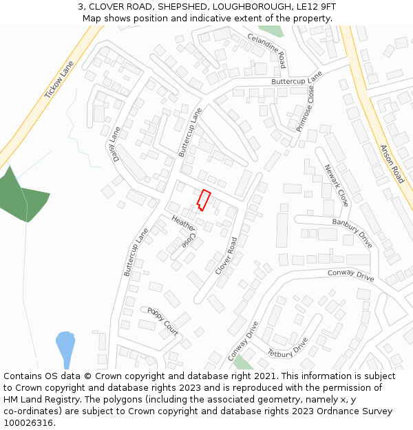 3, CLOVER ROAD, SHEPSHED, LOUGHBOROUGH, LE12 9FT: Location map and indicative extent of plot