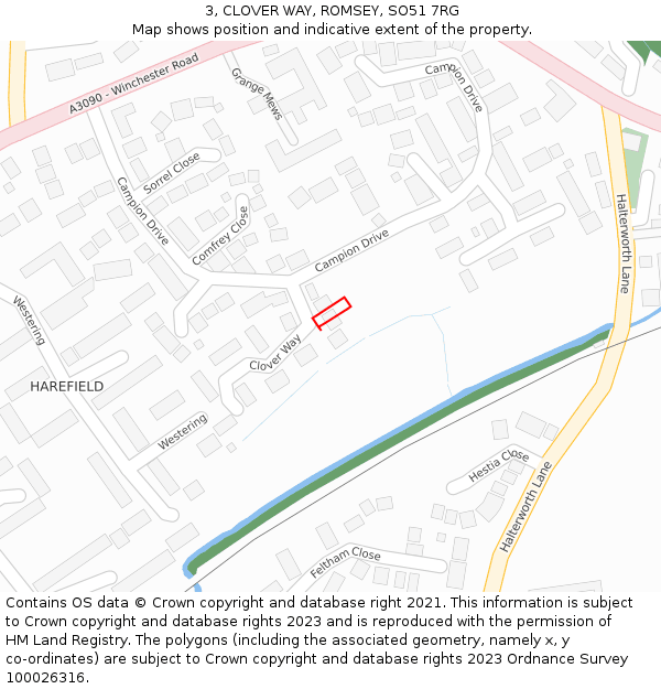 3, CLOVER WAY, ROMSEY, SO51 7RG: Location map and indicative extent of plot