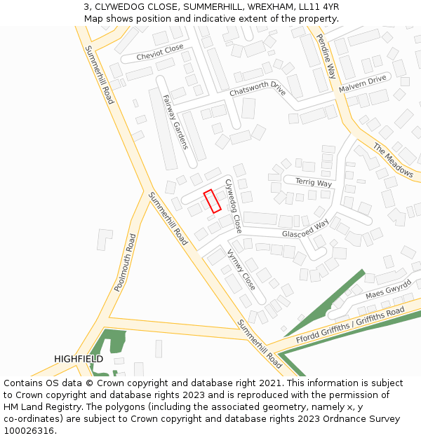 3, CLYWEDOG CLOSE, SUMMERHILL, WREXHAM, LL11 4YR: Location map and indicative extent of plot