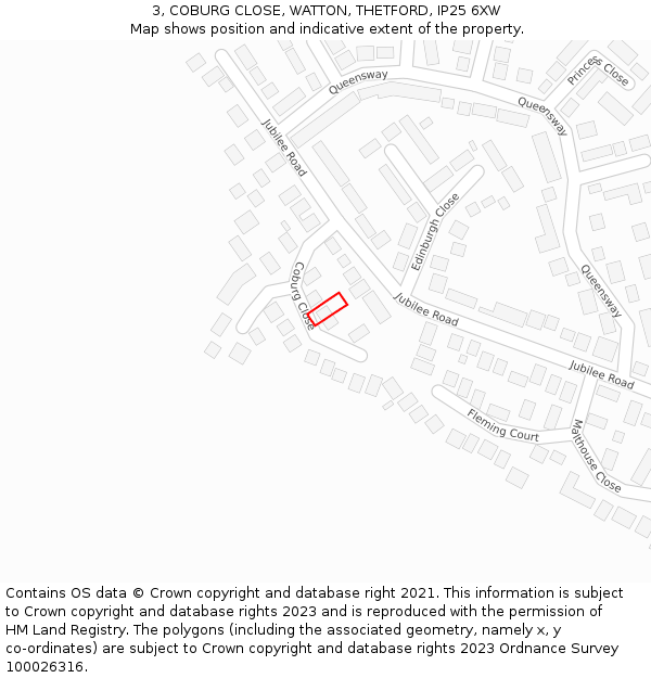 3, COBURG CLOSE, WATTON, THETFORD, IP25 6XW: Location map and indicative extent of plot