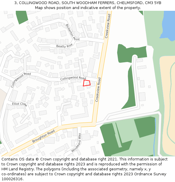 3, COLLINGWOOD ROAD, SOUTH WOODHAM FERRERS, CHELMSFORD, CM3 5YB: Location map and indicative extent of plot