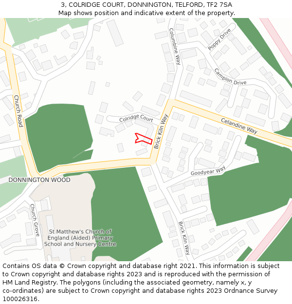 3, COLRIDGE COURT, DONNINGTON, TELFORD, TF2 7SA: Location map and indicative extent of plot