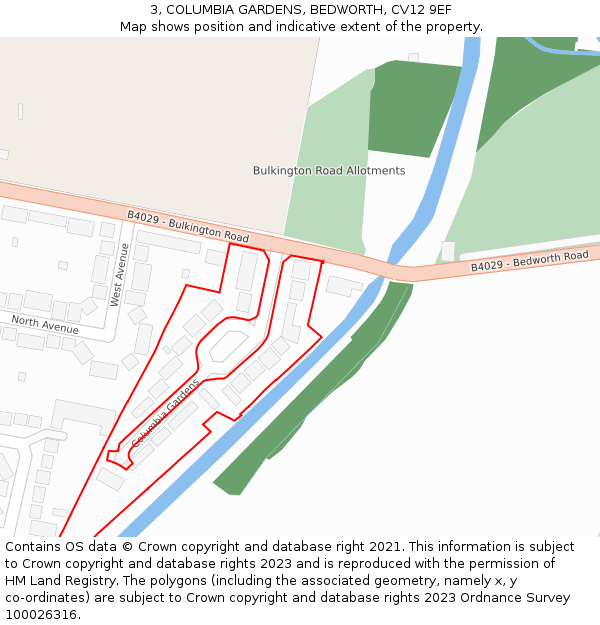 3, COLUMBIA GARDENS, BEDWORTH, CV12 9EF: Location map and indicative extent of plot