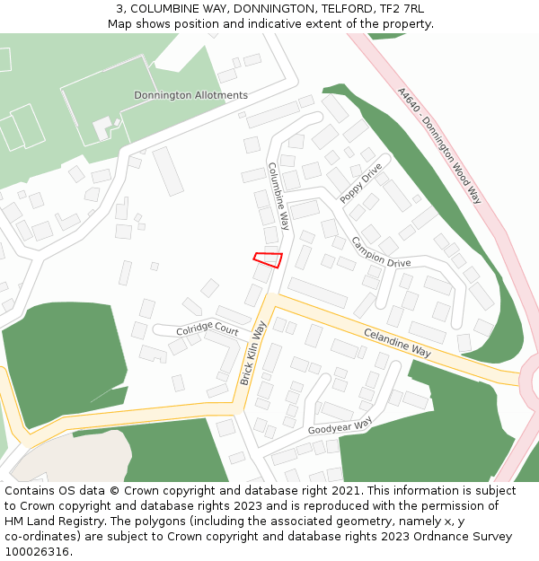 3, COLUMBINE WAY, DONNINGTON, TELFORD, TF2 7RL: Location map and indicative extent of plot