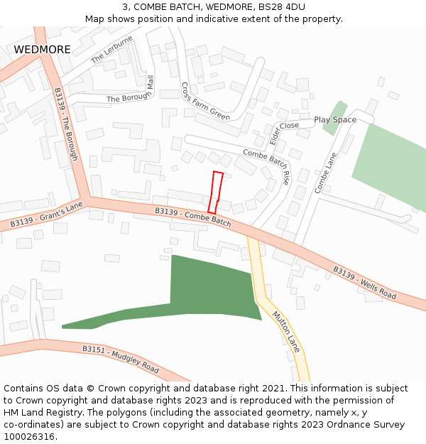 3, COMBE BATCH, WEDMORE, BS28 4DU: Location map and indicative extent of plot