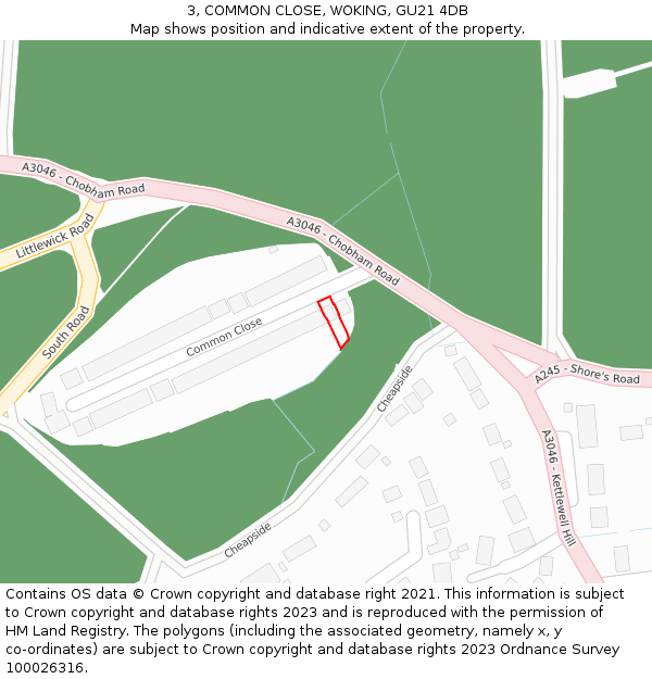 3, COMMON CLOSE, WOKING, GU21 4DB: Location map and indicative extent of plot