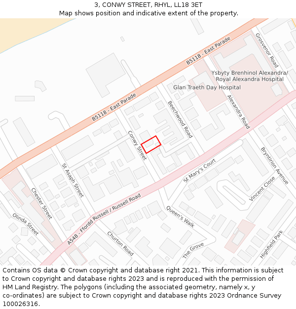 3, CONWY STREET, RHYL, LL18 3ET: Location map and indicative extent of plot