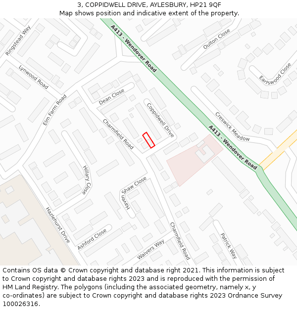 3, COPPIDWELL DRIVE, AYLESBURY, HP21 9QF: Location map and indicative extent of plot