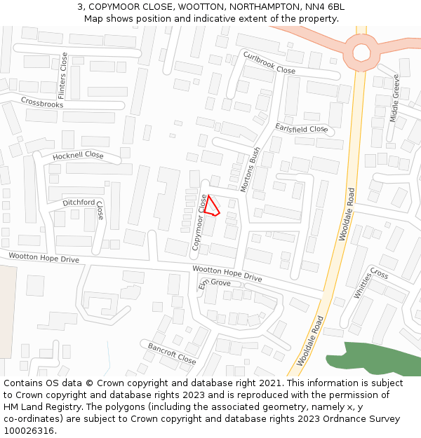 3, COPYMOOR CLOSE, WOOTTON, NORTHAMPTON, NN4 6BL: Location map and indicative extent of plot