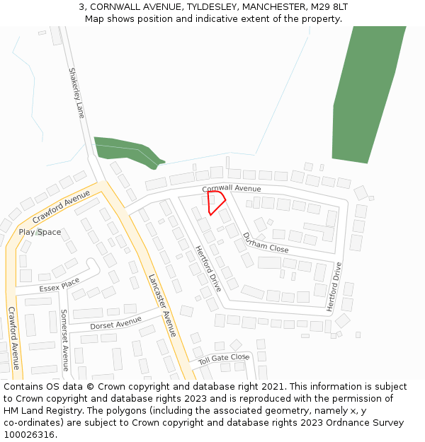 3, CORNWALL AVENUE, TYLDESLEY, MANCHESTER, M29 8LT: Location map and indicative extent of plot