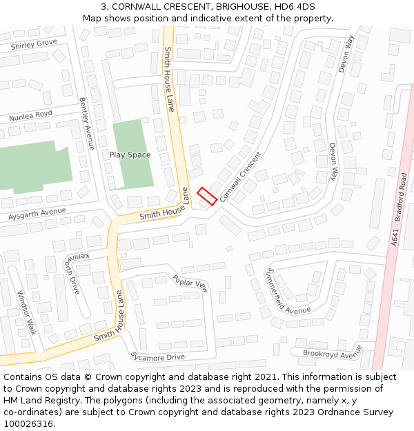 3, CORNWALL CRESCENT, BRIGHOUSE, HD6 4DS: Location map and indicative extent of plot