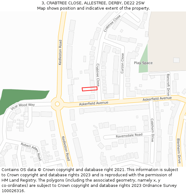 3, CRABTREE CLOSE, ALLESTREE, DERBY, DE22 2SW: Location map and indicative extent of plot