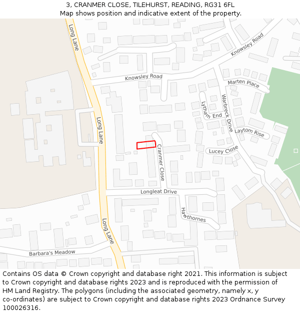 3, CRANMER CLOSE, TILEHURST, READING, RG31 6FL: Location map and indicative extent of plot