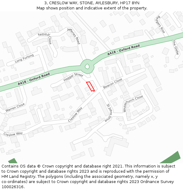 3, CRESLOW WAY, STONE, AYLESBURY, HP17 8YN: Location map and indicative extent of plot