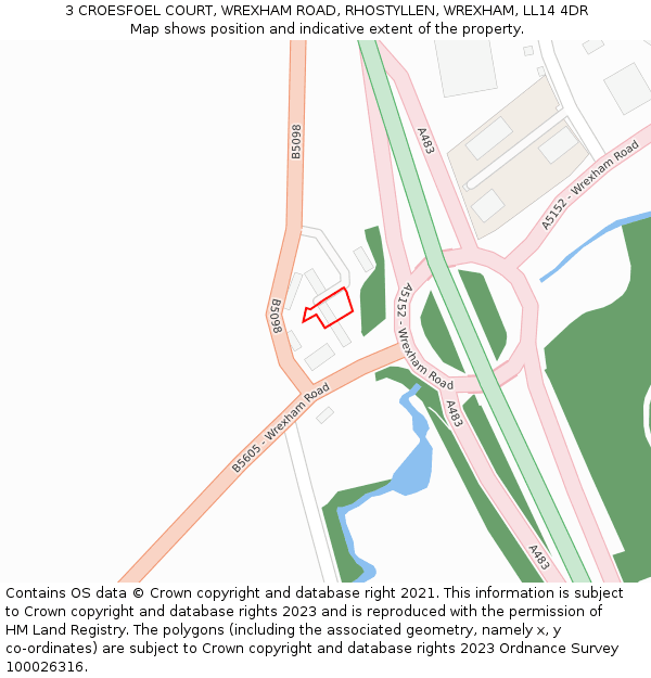 3 CROESFOEL COURT, WREXHAM ROAD, RHOSTYLLEN, WREXHAM, LL14 4DR: Location map and indicative extent of plot