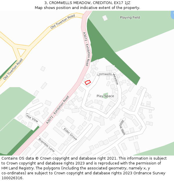 3, CROMWELLS MEADOW, CREDITON, EX17 1JZ: Location map and indicative extent of plot